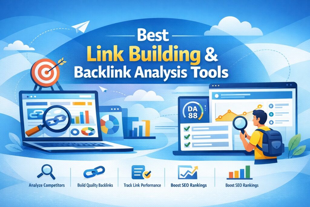 Best link building and backlink analysis tools dashboard showing SEO backlink research and competitor analysis