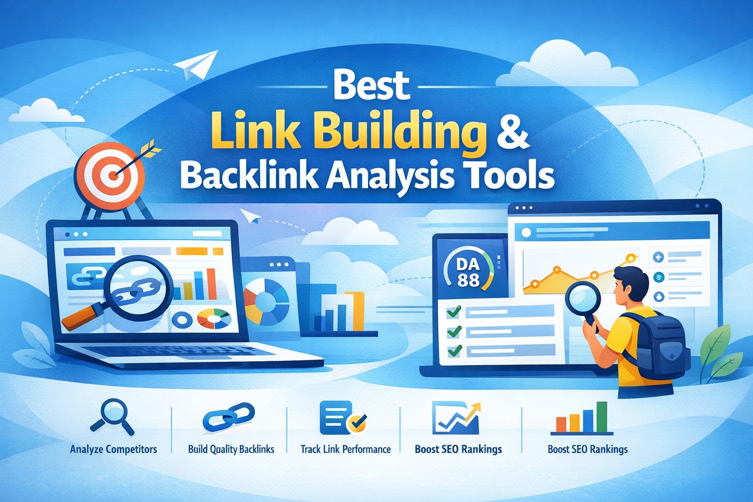 Best link building and backlink analysis tools dashboard showing SEO backlink research and competitor analysis