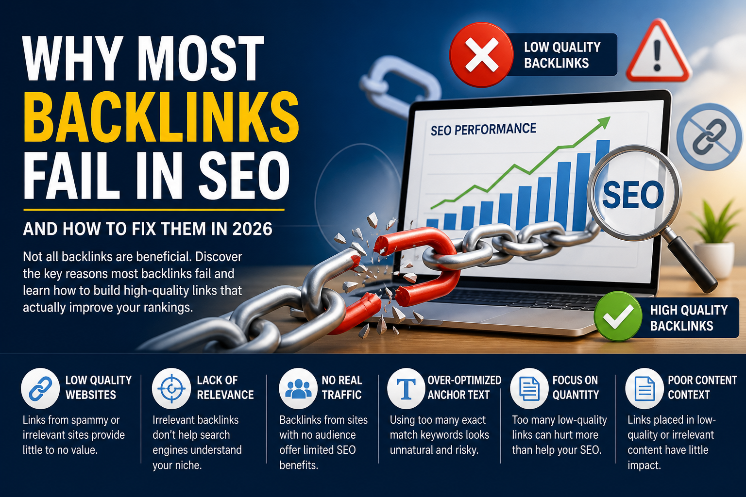 SEO infographic showing why backlinks fail in SEO, including low-quality websites, poor relevance, and bad link building strategies