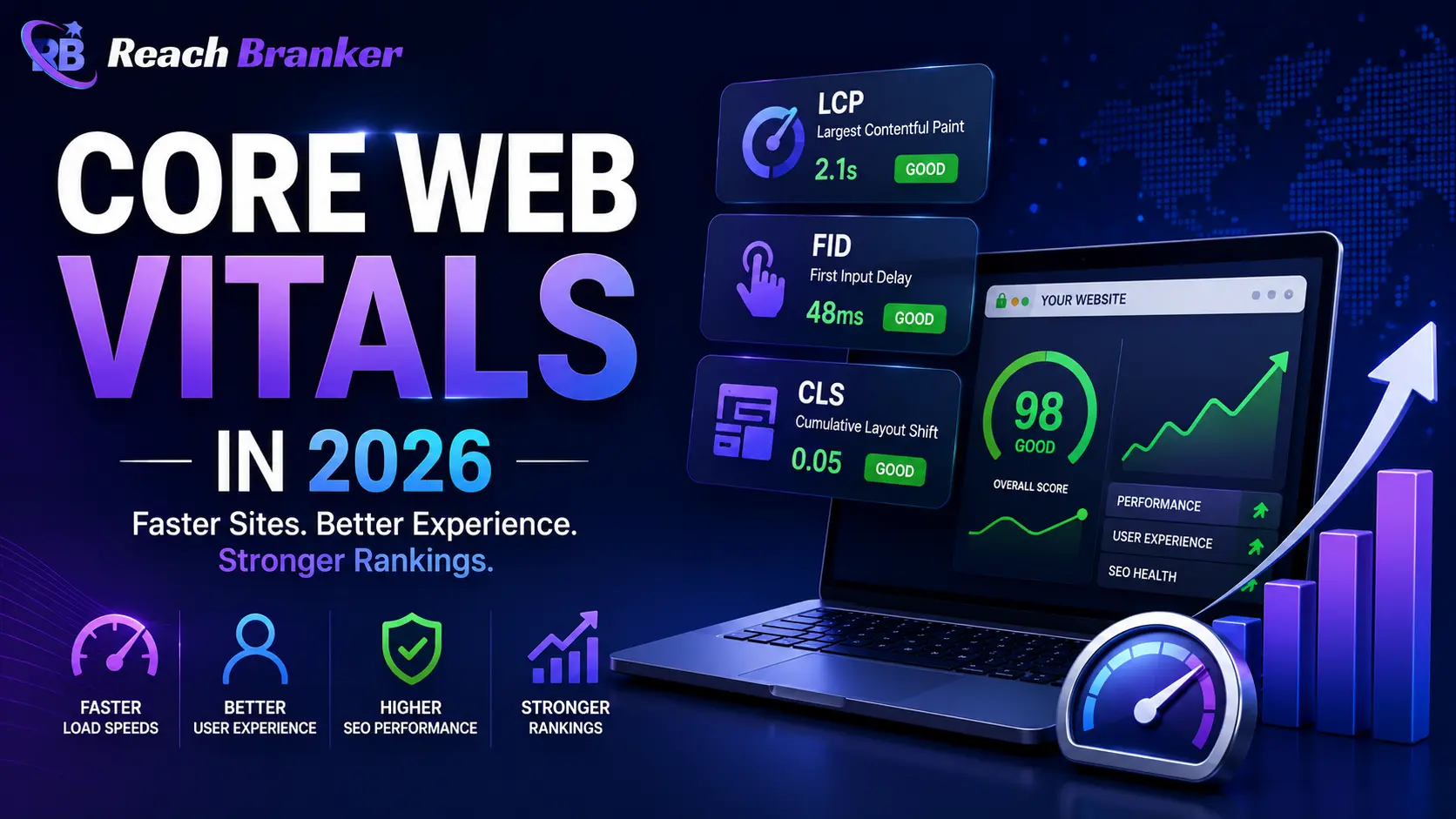Core Web Vitals in 2026 feature image showing website performance metrics, page speed, user experience indicators, and technical SEO optimization with ReachBranker branding.