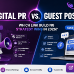 Digital PR vs. Guest Posting comparison graphic showing media outreach, guest blogging, backlinks, and SEO strategies for 2026 with ReachBranker branding.