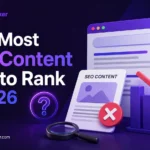 Professional SEO graphic showing why content fails to rank in Google in 2026, featuring search rankings, content quality, and ReachBranker branding.