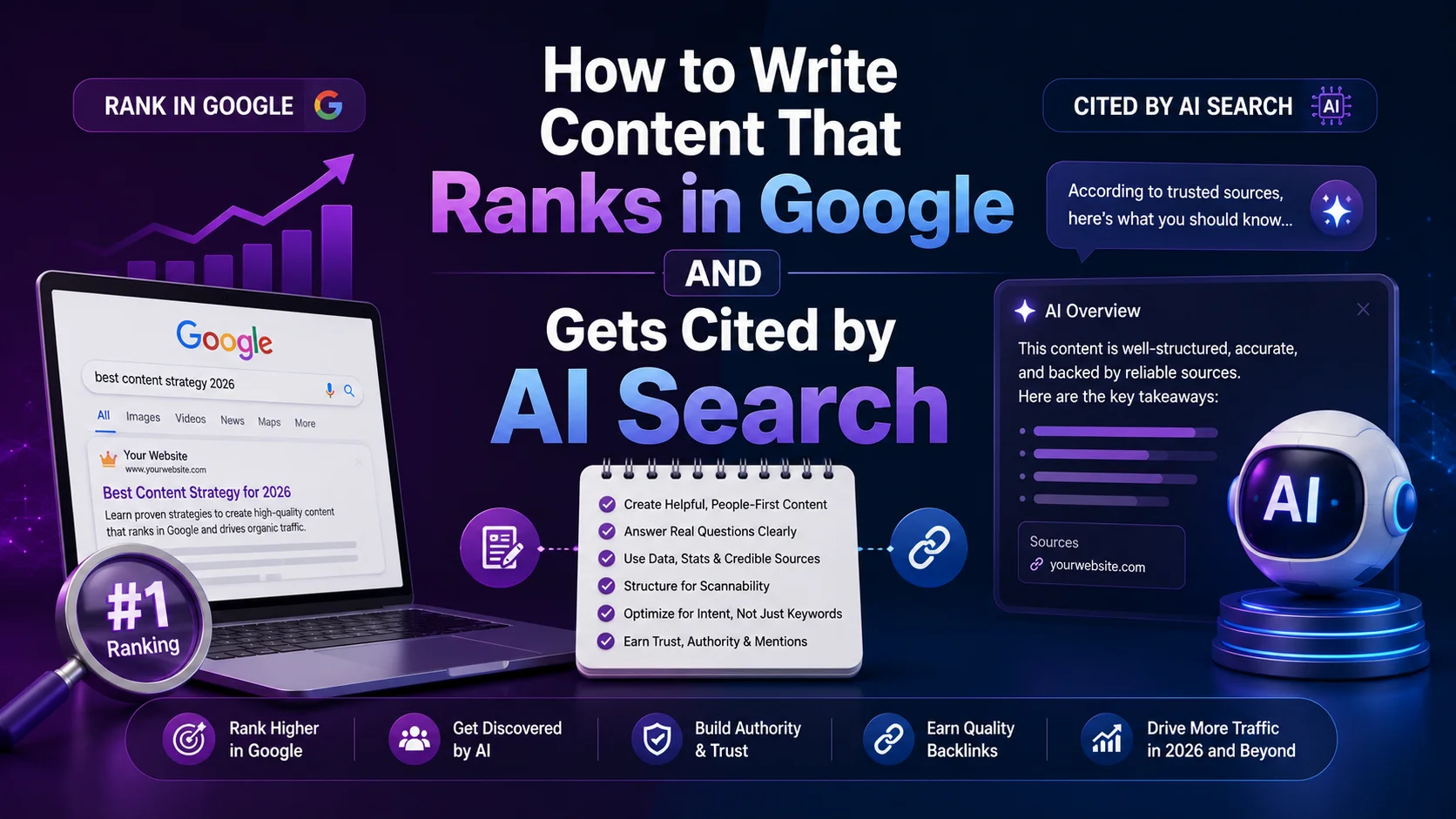 How to write content that ranks in Google and gets cited by AI search, featuring SEO and AI search visuals.