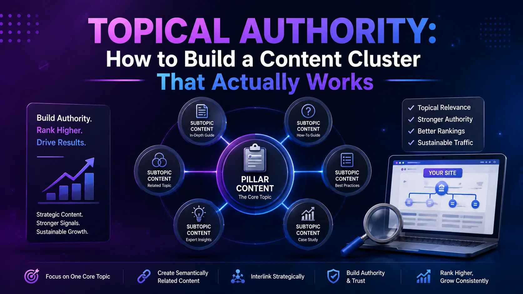 Illustration of a topical authority content cluster with interconnected pillar and supporting pages for SEO and content strategy in 2026.