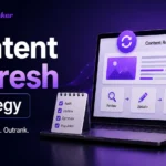 Content Refresh Strategy illustration showing content updates, optimization, SEO performance growth, and ReachBranker branding.