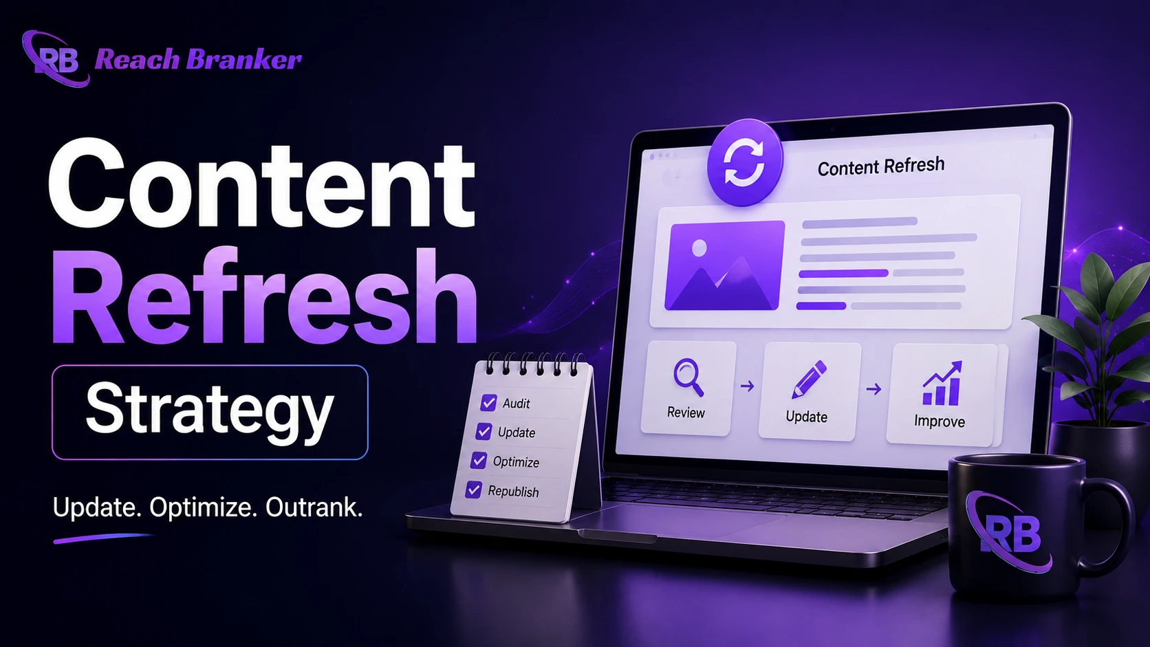 Content Refresh Strategy illustration showing content updates, optimization, SEO performance growth, and ReachBranker branding.