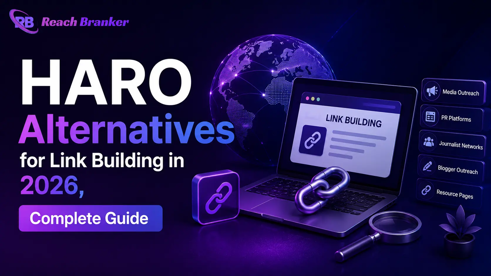 HARO alternatives for link building in 2026 featuring digital PR, media outreach, and authoritative backlinks with ReachBranker branding.