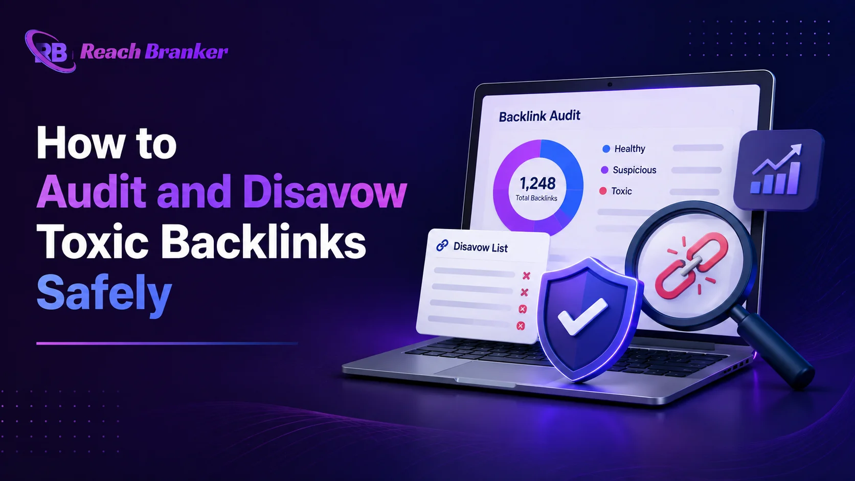 Backlink audit dashboard showing toxic links, disavow list, broken backlink, and security shield for safe SEO management.
