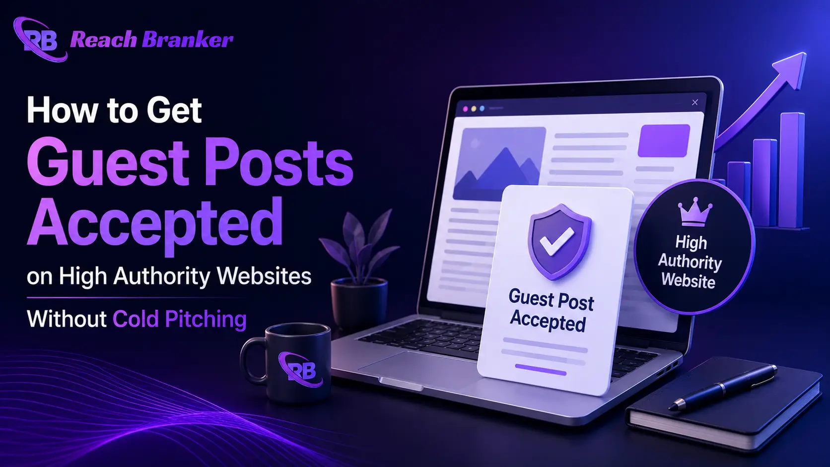 Guest posting strategy for getting content accepted on high-authority websites without cold pitching, featuring ReachBranker branding.