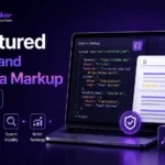 Structured data and schema markup guide showing JSON-LD code, search results, and SEO elements with ReachBranker branding.