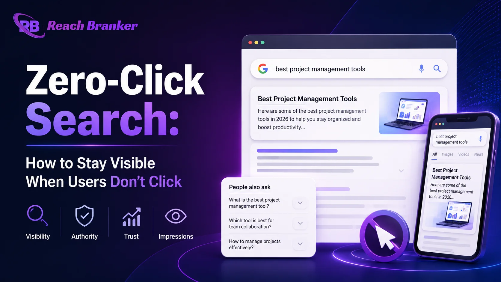 Zero-click search SEO graphic showing search results, visibility, and SEO growth with ReachBranker branding.