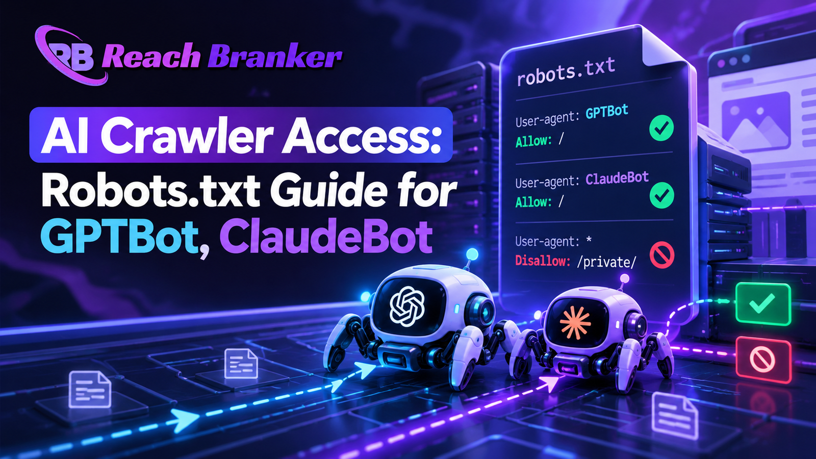 AI Crawler Access robots.txt guide showing GPTBot, ClaudeBot, allow and disallow rules, AI crawlers, and technical SEO controls.