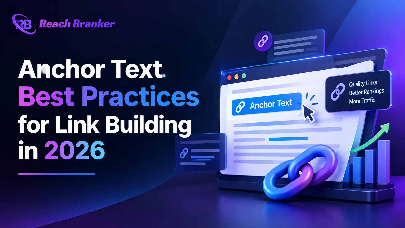 Anchor text best practices for link building in 2026 featuring a backlink network and ReachBranker branding.