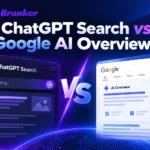 ChatGPT Search vs Google AI Overviews comparison showing AI search interfaces, search results, citations, and SEO visibility by ReachBranker.