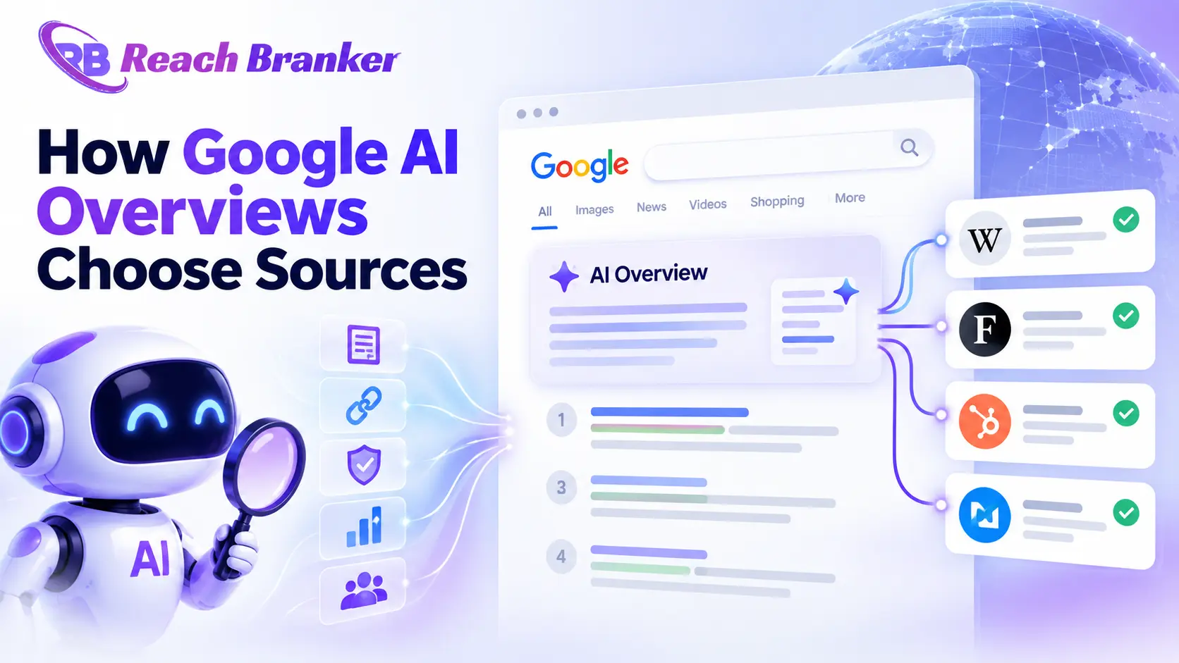How Google AI Overviews choose sources using content quality, backlinks, authority, trust signals, and relevant web references.