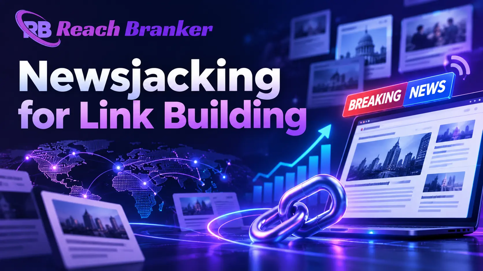 Newsjacking for link building with breaking news, media coverage, backlink icons, and authority growth by ReachBranker.