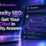 Perplexity SEO feature image showing ReachBranker cited in an AI answer with source cards, search visibility, and SEO growth graphics.
