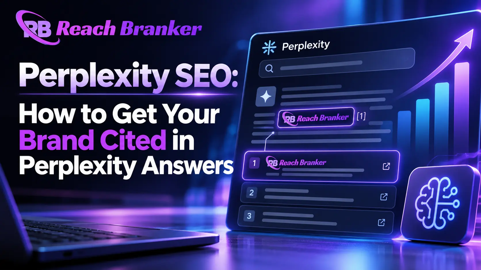 Perplexity SEO feature image showing ReachBranker cited in an AI answer with source cards, search visibility, and SEO growth graphics.