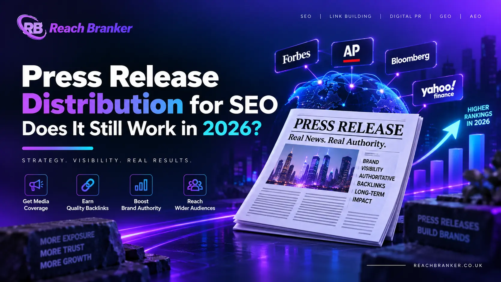 Press release distribution for SEO in 2026 showing media coverage, quality backlinks, brand authority and search visibility.