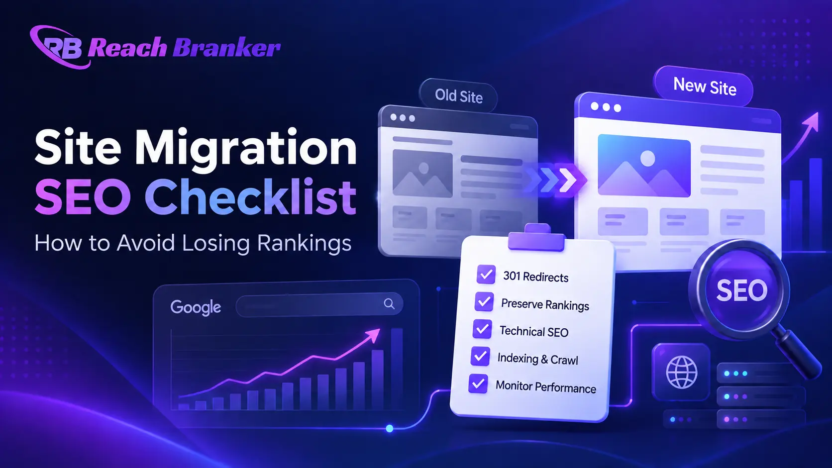 Site Migration SEO Checklist showing old and new websites, 301 redirects, technical SEO checks, indexing, and ranking protection by ReachBranker.