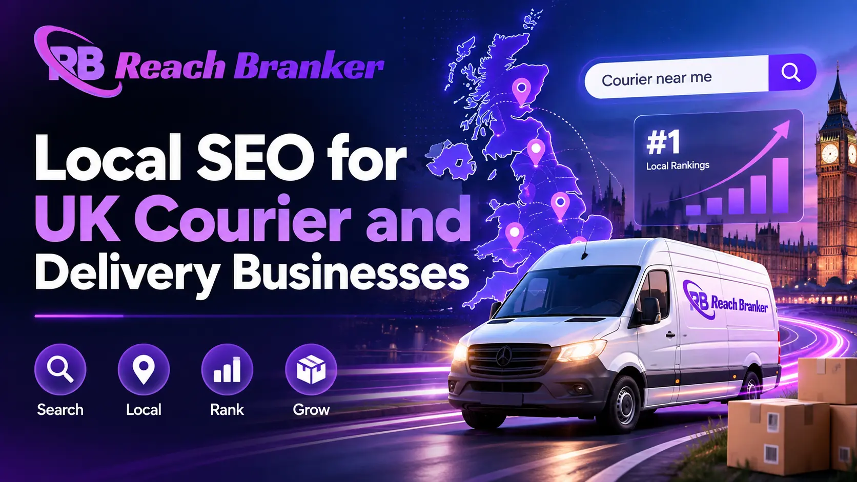Local SEO for UK courier and delivery businesses with UK map, delivery van, local rankings, search visibility, and ReachBranker branding.