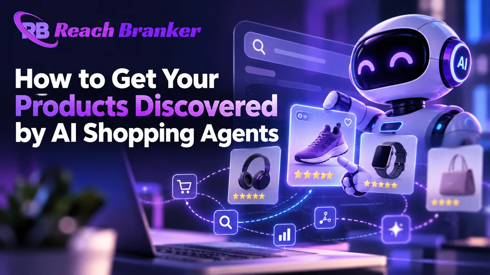 AI shopping agent discovering ecommerce products through search, product cards, ratings, and intelligent recommendations.